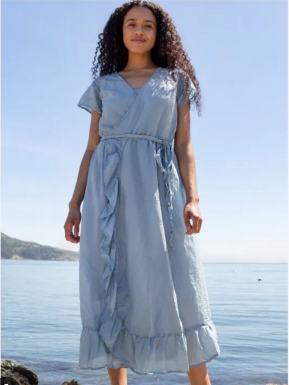 CP Shades Mirabelle Wrap Dress Maxi Ruffle Linen Blue Size Medium